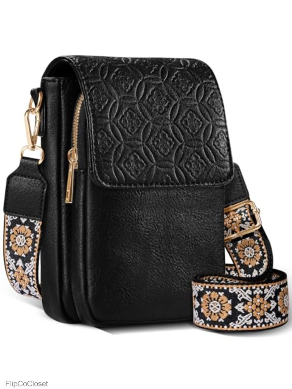 Vegan Leather Floral Crossbody Bag with Detachable Card Slot
